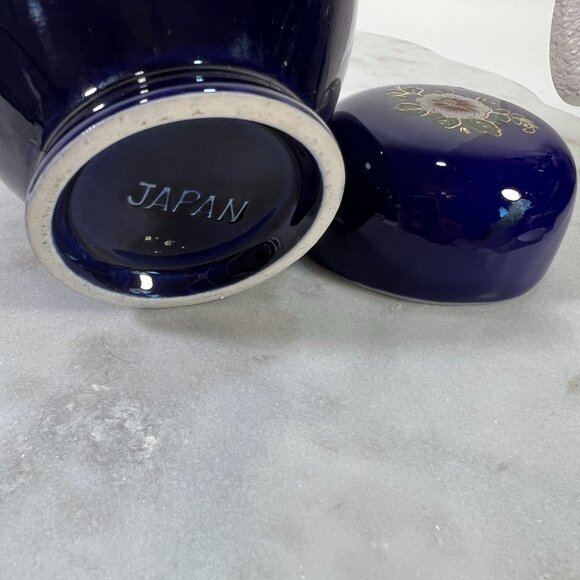 Vtg Japanese Cobalt Blue Porcelain Ginger Jar Vase Lid HandPainted Floral Design - Picture 5 of 8